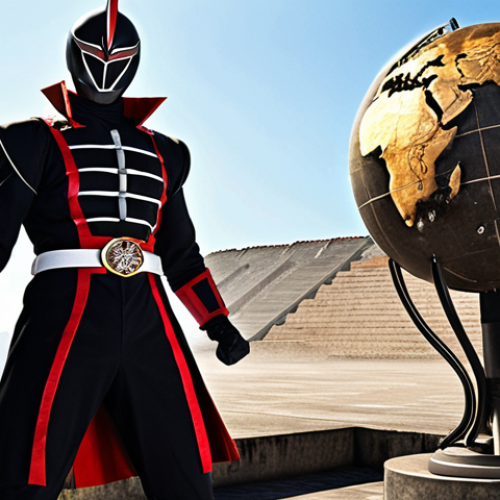 **

A dramatic scene depicting a classic *Super Sentai* villain, like 黒十字軍総統 (Black Cross Führer), standing menacingly against a backdrop of world domination plans. The style should evoke the feel of early *Super Sentai* series, with bold colors and a clear visual representation of evil. Consider adding elements like a globe with the villain's mark on it, or terrified citizens in the background.

**